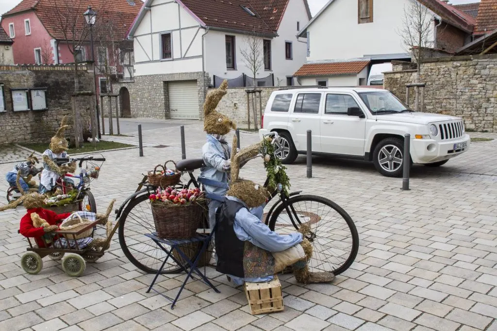 Bunnies are another symbol for Easter, and this town not only decorated its water well, but filled the village with bunny scenes as well.