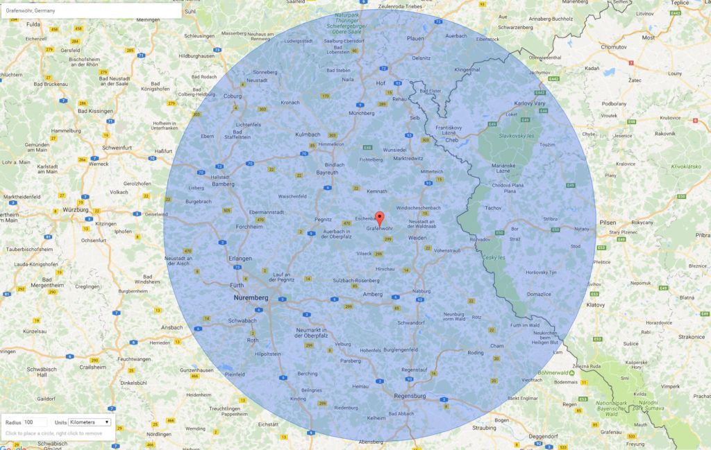 Radius Map of Grafenwoehr - showing what 100 kms or about 1 hour driving time looks like.