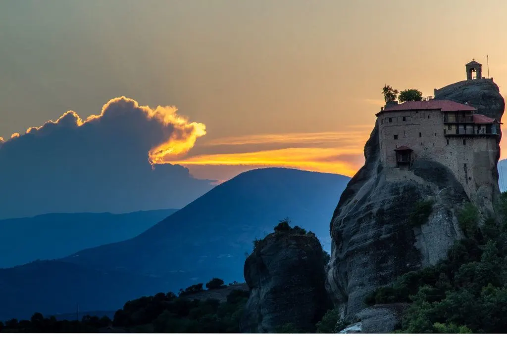 HDR of a monastery at sunset in Meteora.