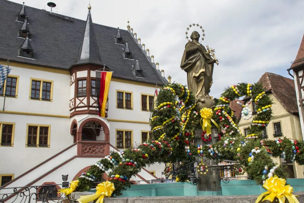 Decorated Town Hall Fountain in Franconia, Easter Eggs and Pine boughs.
