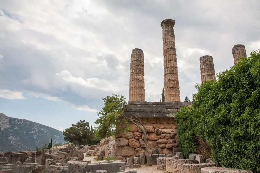 Part of the world heritage site, these ruins of Delphi show part of the Temple of Apollo.