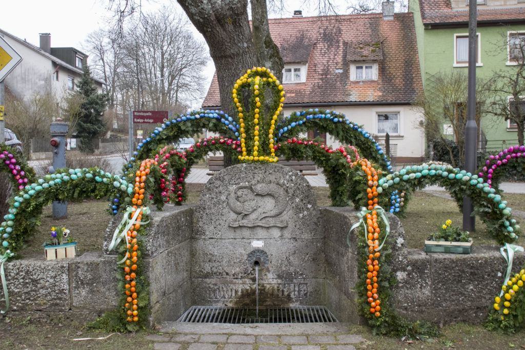 Osterbrunnen, a fountain decorated with Easter eggs in Wörnitz; it’s a tradition and top sight in Germany in spring.