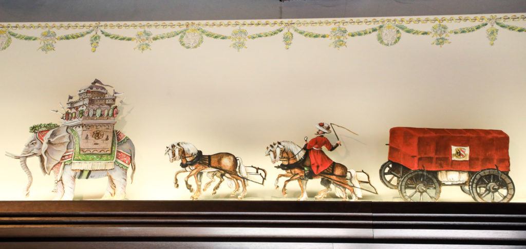 Castle interior decorations - elephant and horse drawn cart.