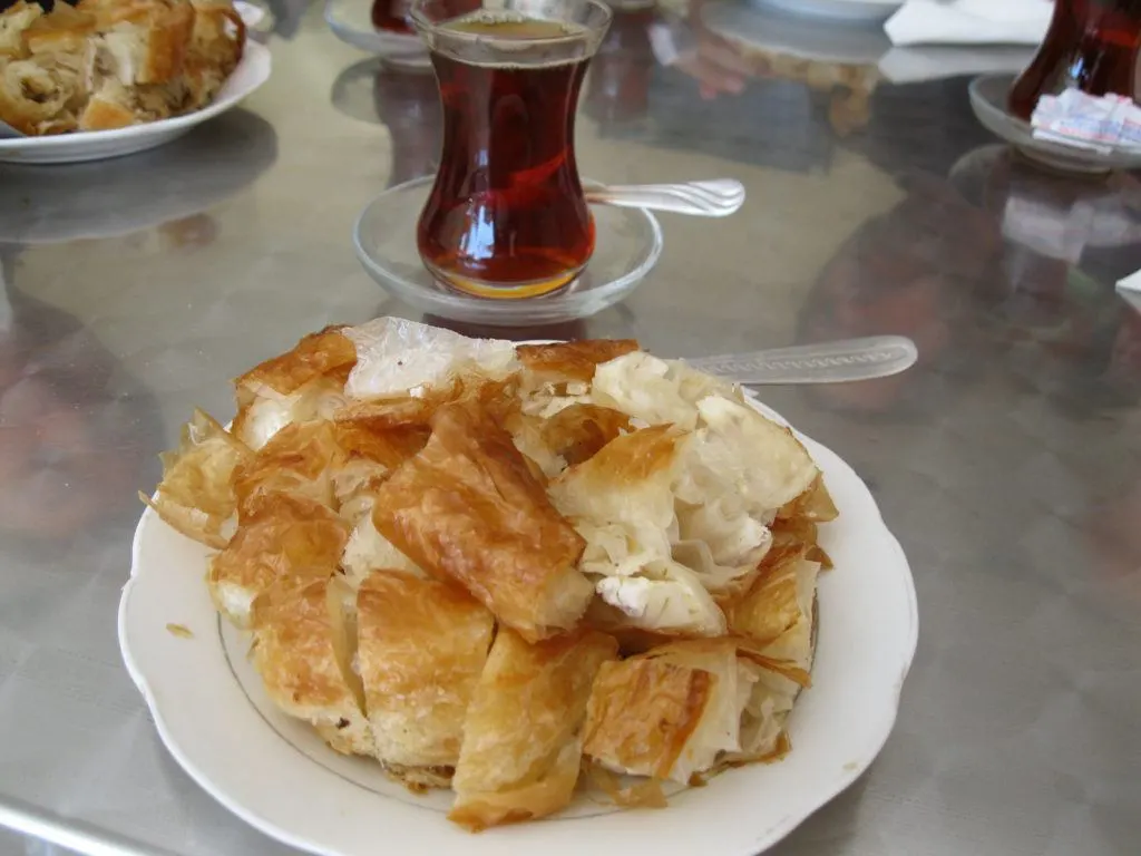 Traditional Turkish borek is served as breakfast or a snack anytime.