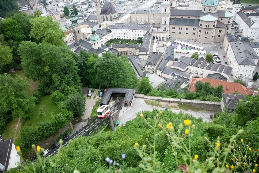 This funicular takes you to the top of the fortress in Salzburg.