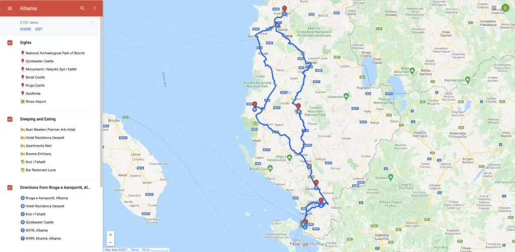 Map of Albania Road Trip