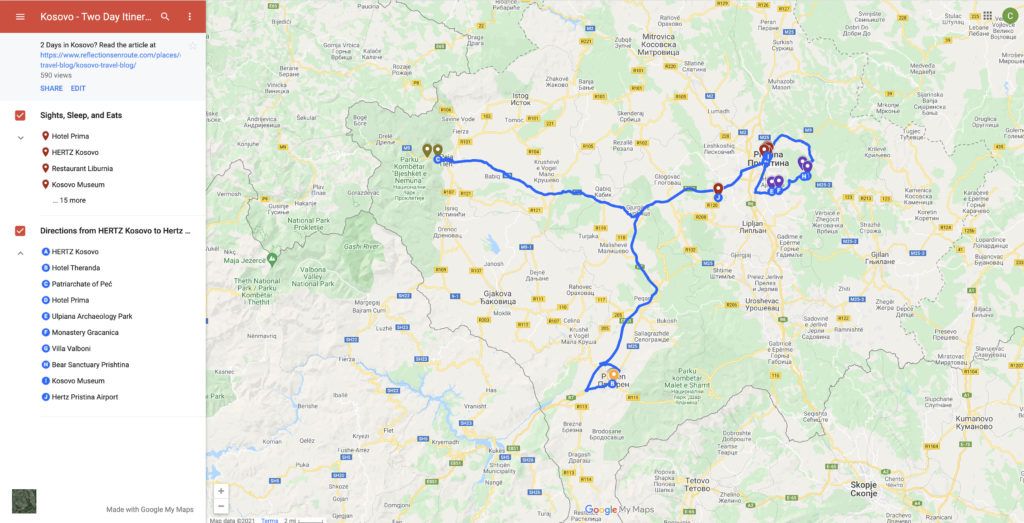 Map of Kosovo and our 2 day itinerary.