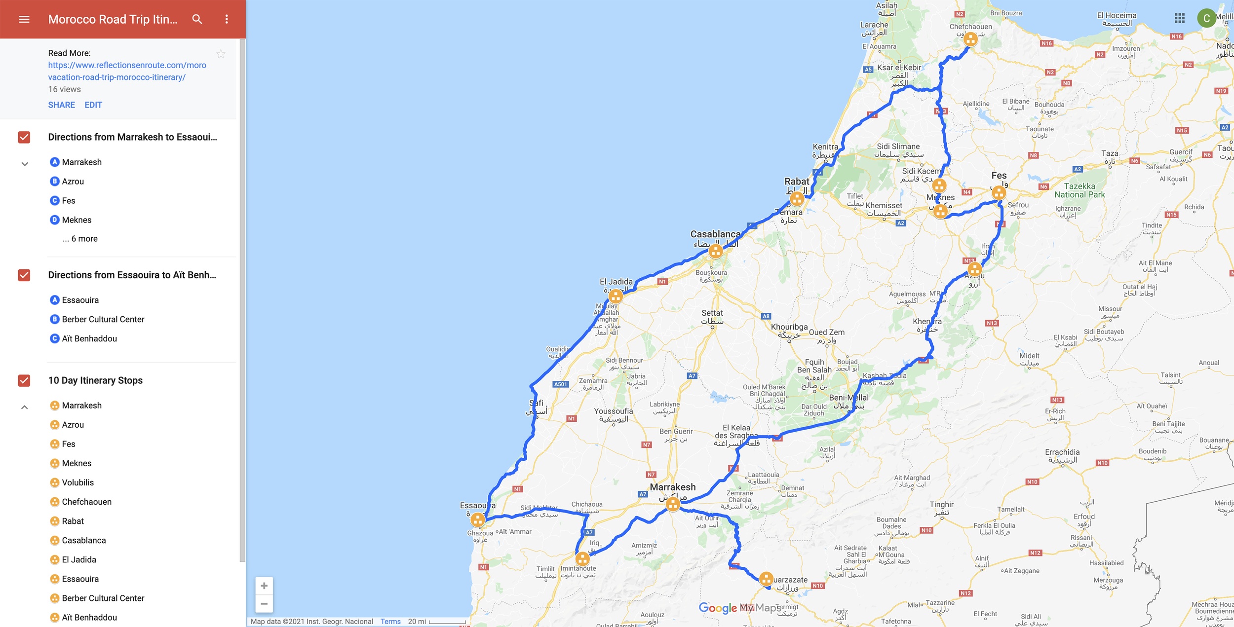 Map of Morocco 2 week road trip.