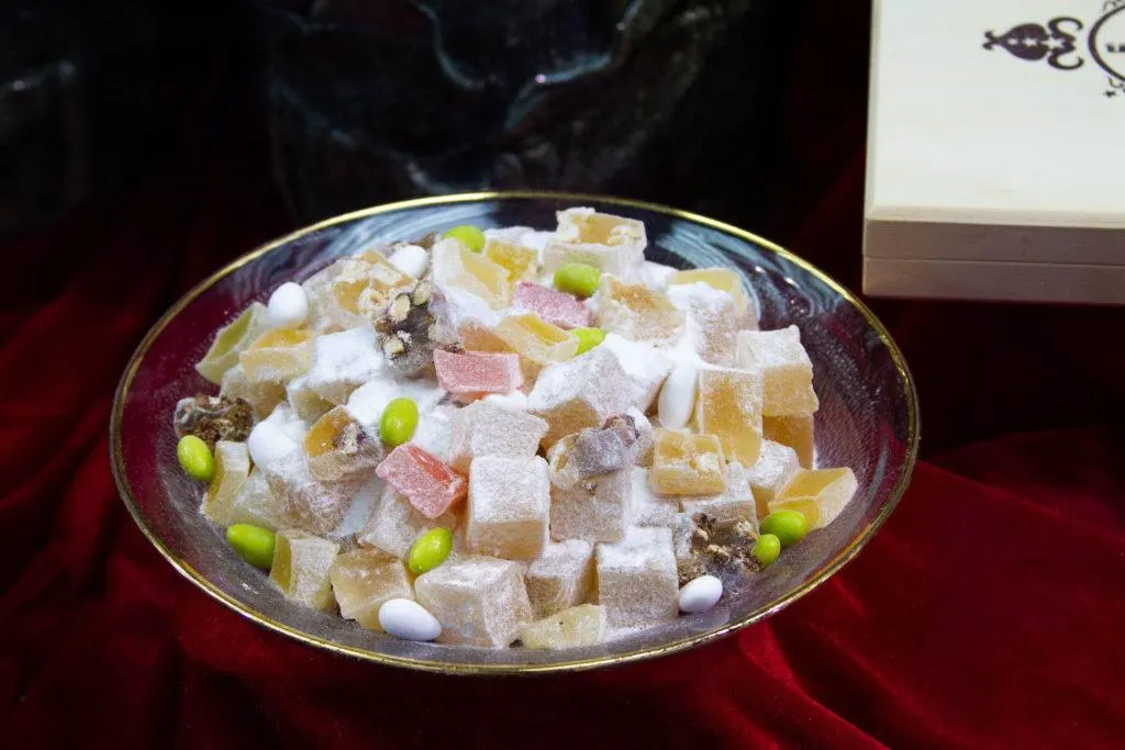 A dish of Turkish Delight (candies) in assorted flavors.