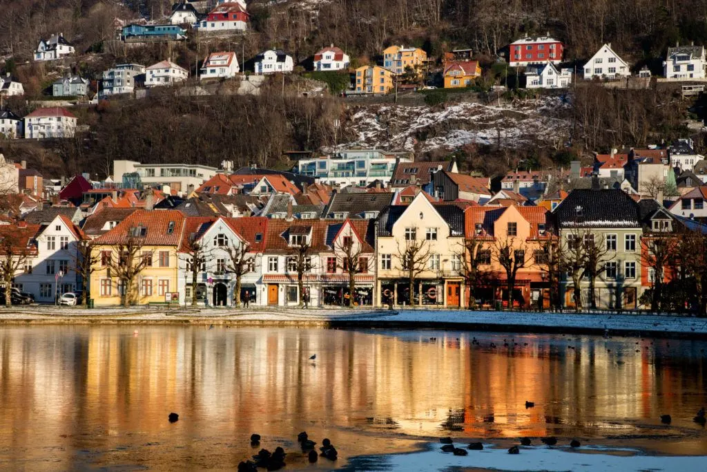A lake glazed over with ice on a mid-winter's afternoon in Bergen, Norway.
