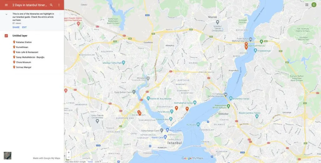 Map of 2 days in Istanbul. It's a 2 day itinerary.