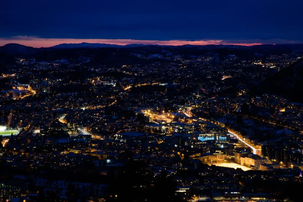 Overlooking Bergen at sunset from Mount Floyen.