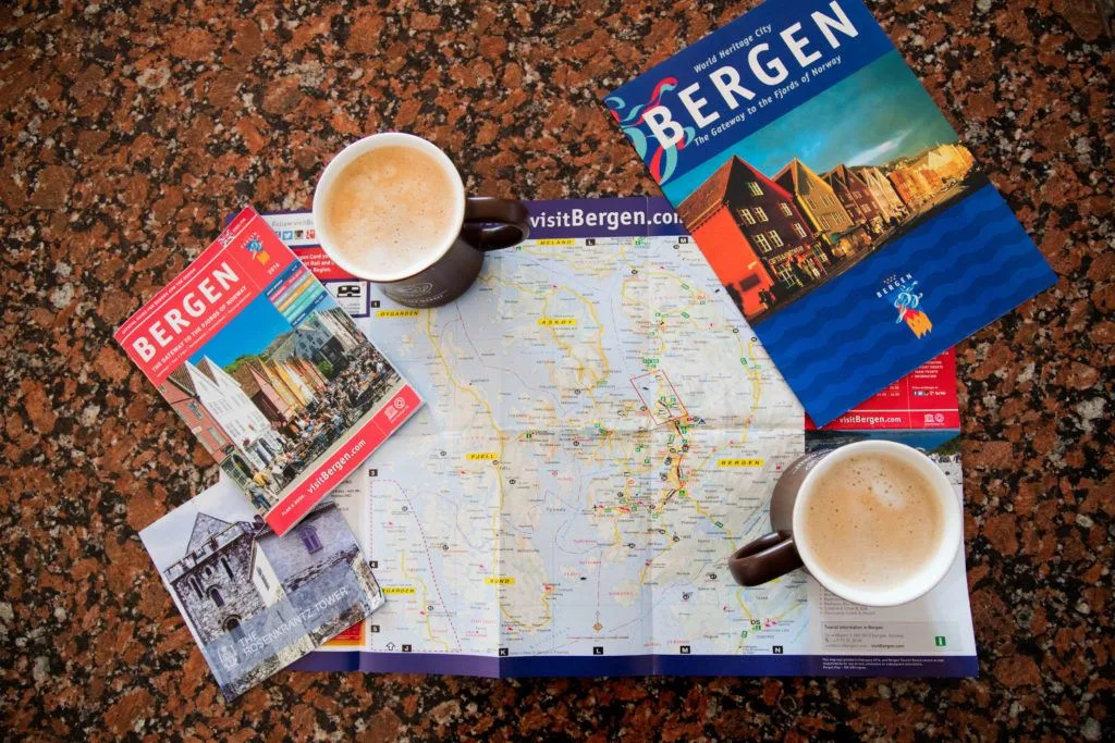 Coffee and map of Bergen, Norway to continually plan and adjust all the things we want to do in the city.