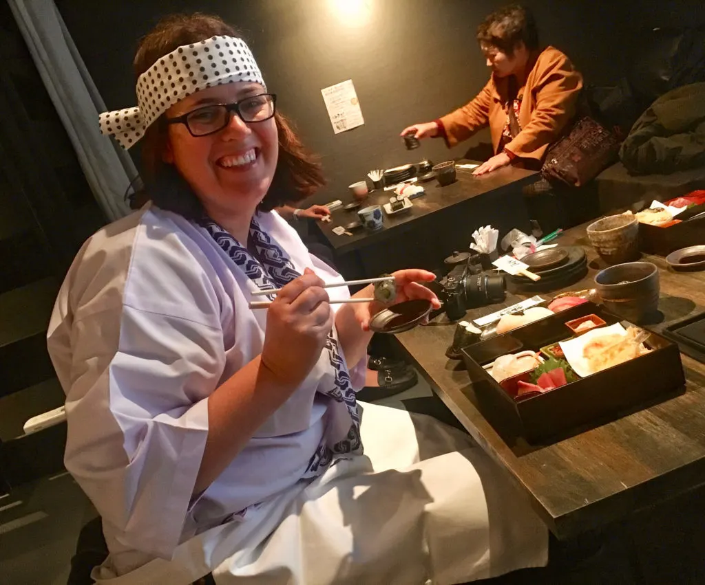 Amanda trying out Japanese food.