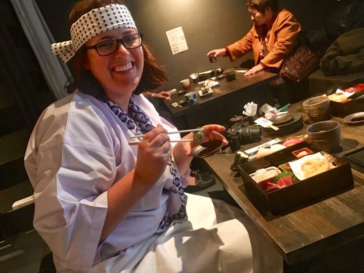 Amanda trying out Japanese food.