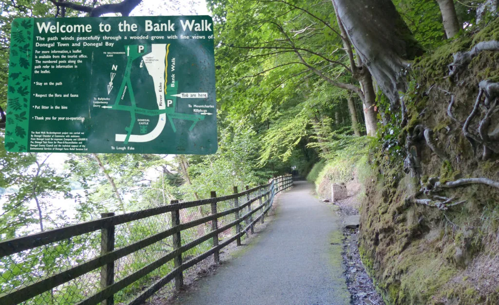 View of the Bank Walk path along the River Eske and Donegal Harbour in Donegal Town, Ireland.