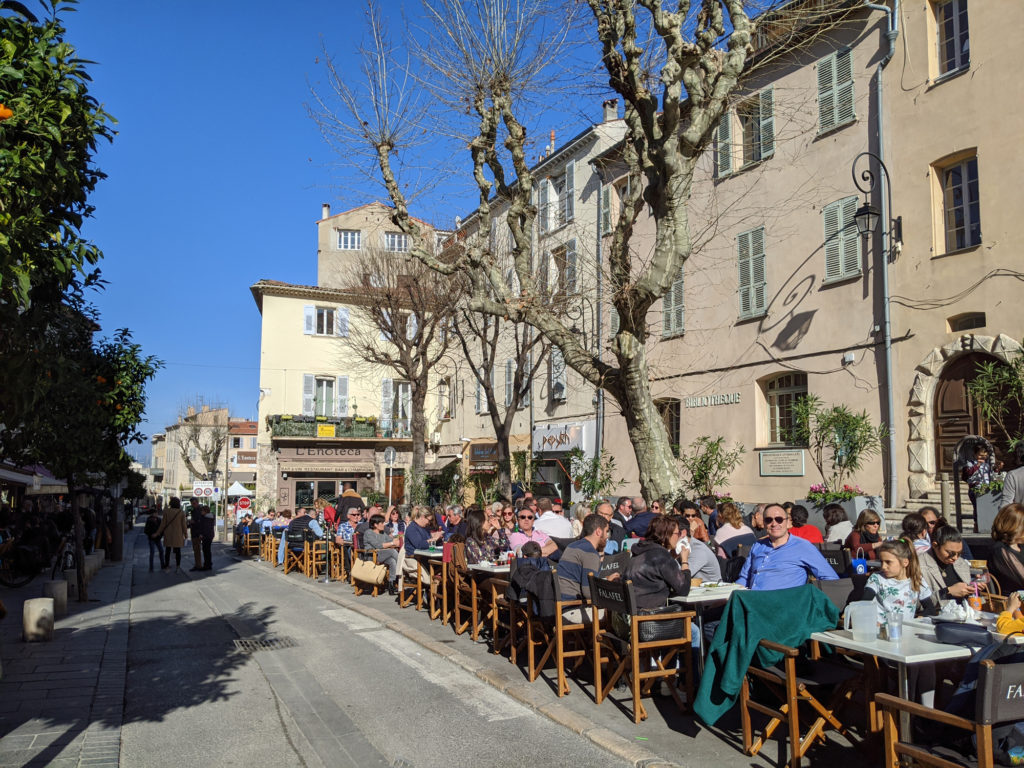 The weather in the south of France is nice enough to eat outside, even in winter.
