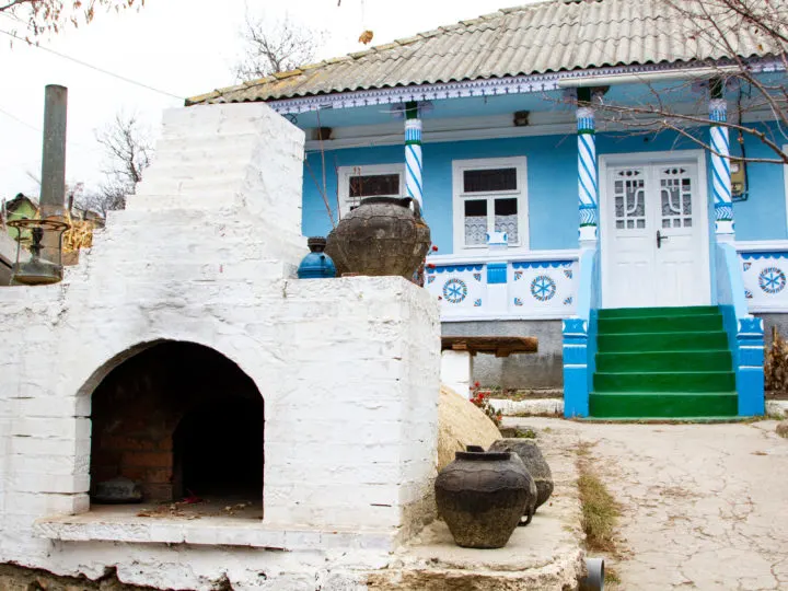 A blue house turned into a place for tourists to have lunch in Orheil Vecchi, Moldova.
