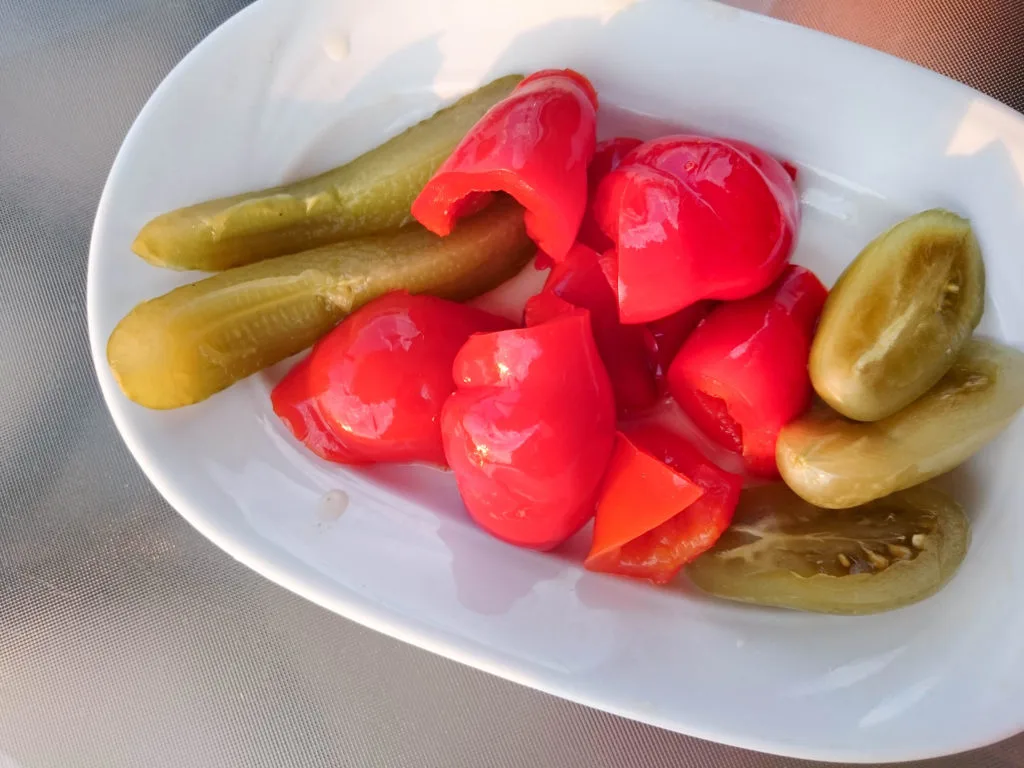 Cucumber, tomato, and pepper pickles are a Bulgarian staple food, found on most tables.