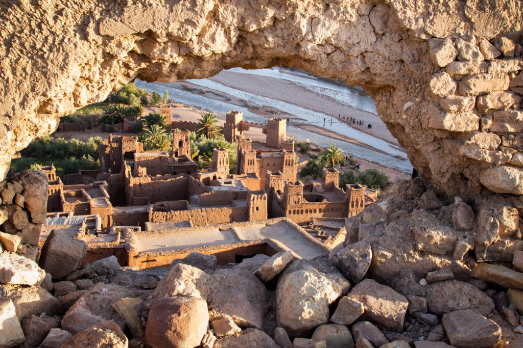 Looking through an arch down at the Ounila River. Ait Benhaddou is the perfect Atlas Mountains day trip.