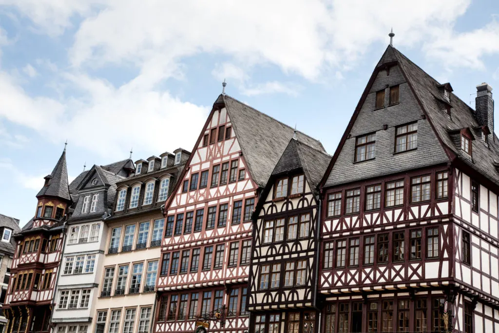 Half-timbered buildings line the Romerberg in Frankfurt.
