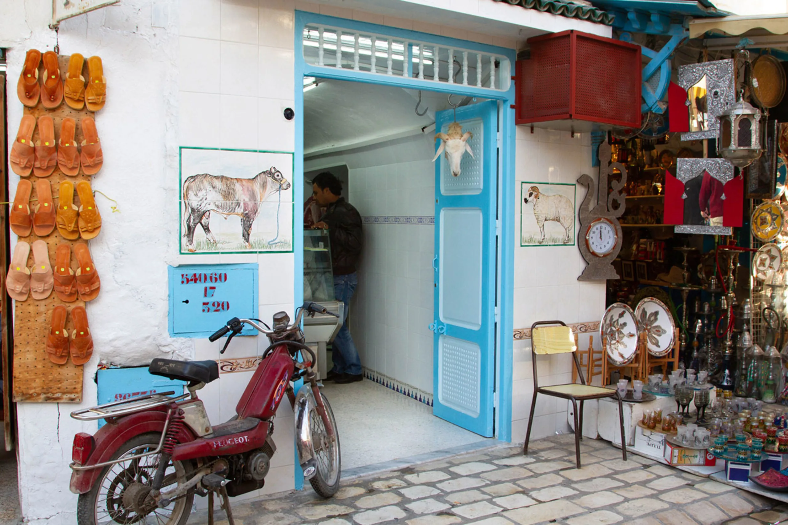 A Hammamet butcher and souvenir shop in Tunisia.