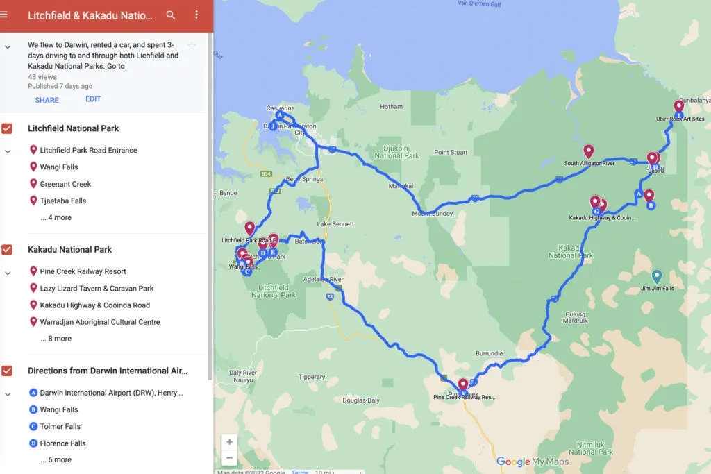 Map with route from Darwin through Litchfield and Kakadu National Parks and back to Darwin, Australia.