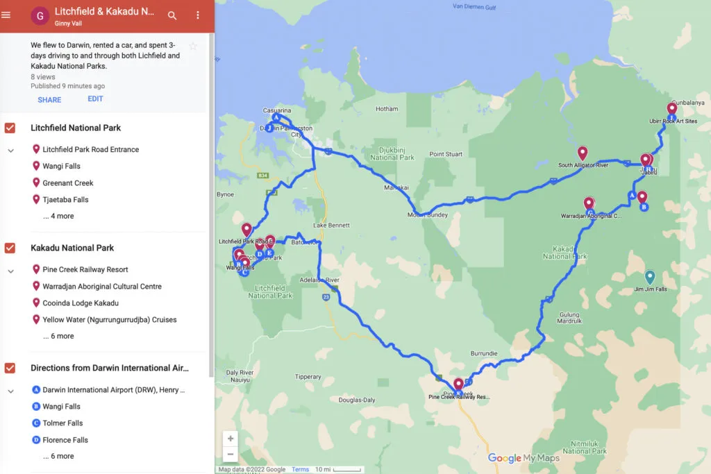 Map showing route through Litchfield and Kakadu National Parks in Australia’s Northern Territory.