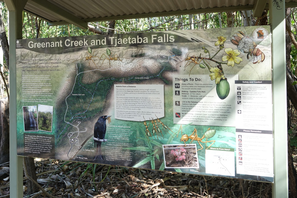 Sign with map and information about Greenant Creek and Tjaetaba Falls trail in Litchfield National Park.