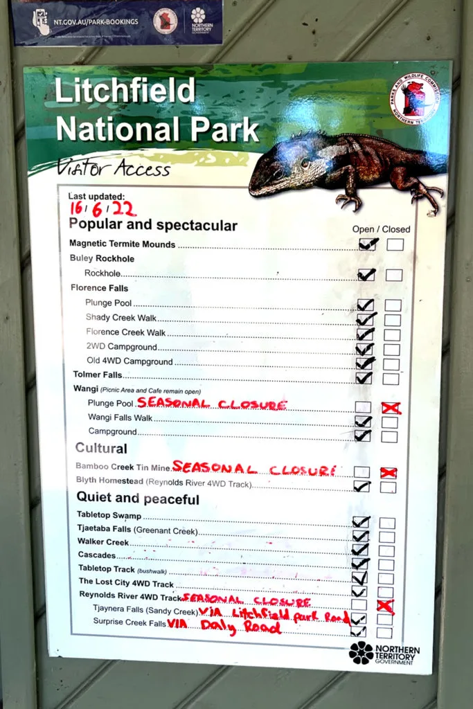 Sign in the Wangi Falls car park listing which sights are currently open in Litchfield National Park.