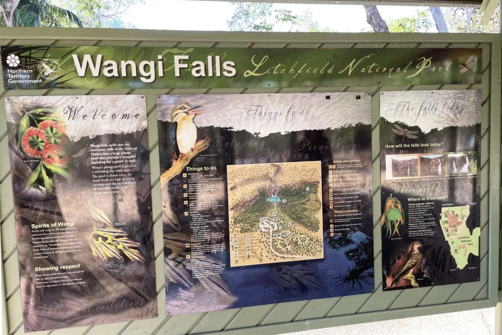 Interpretive sign at Wangi Falls in Litchfield National Park in Northern Territory, Australia.
