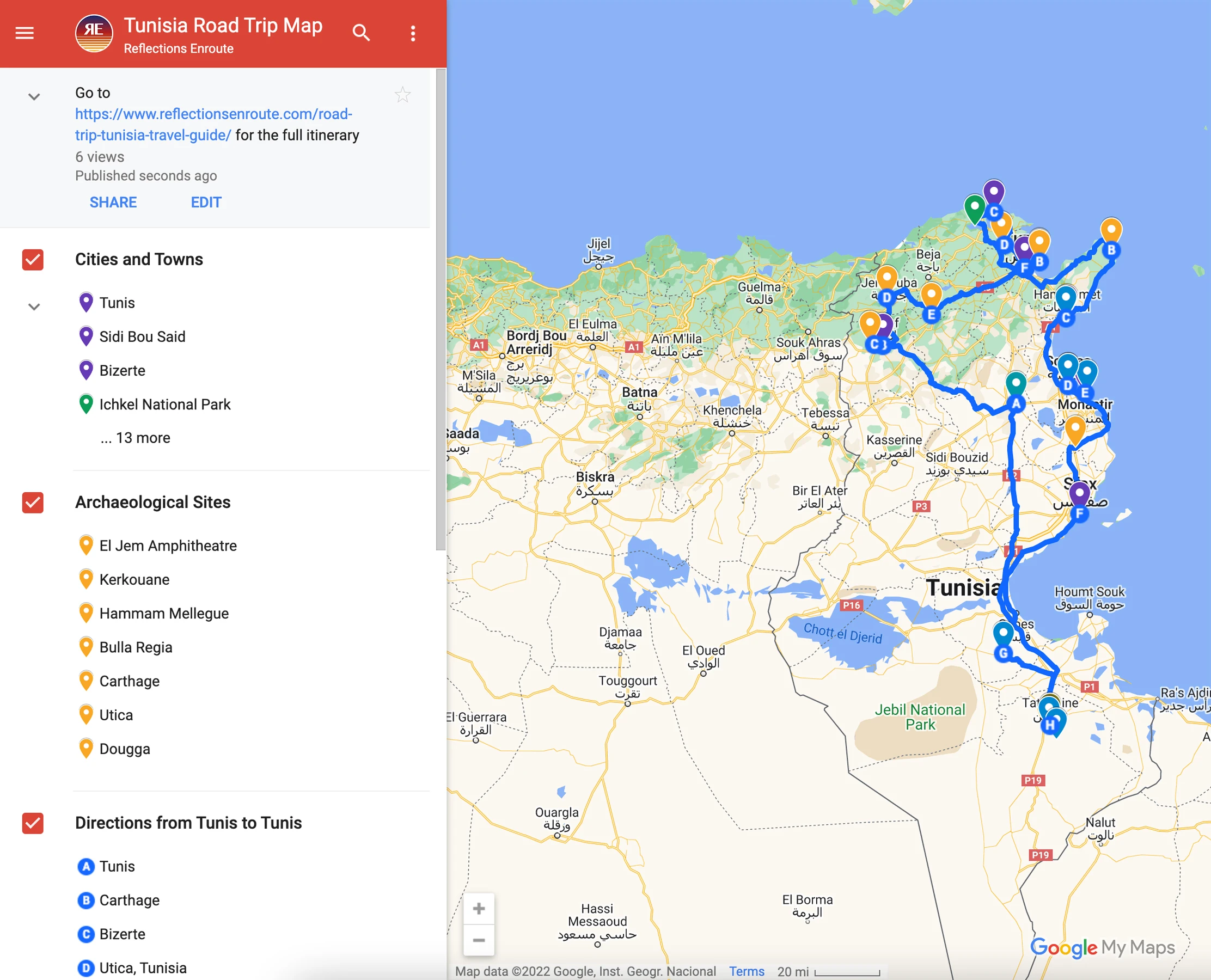 Tunisia Road Trip Map.