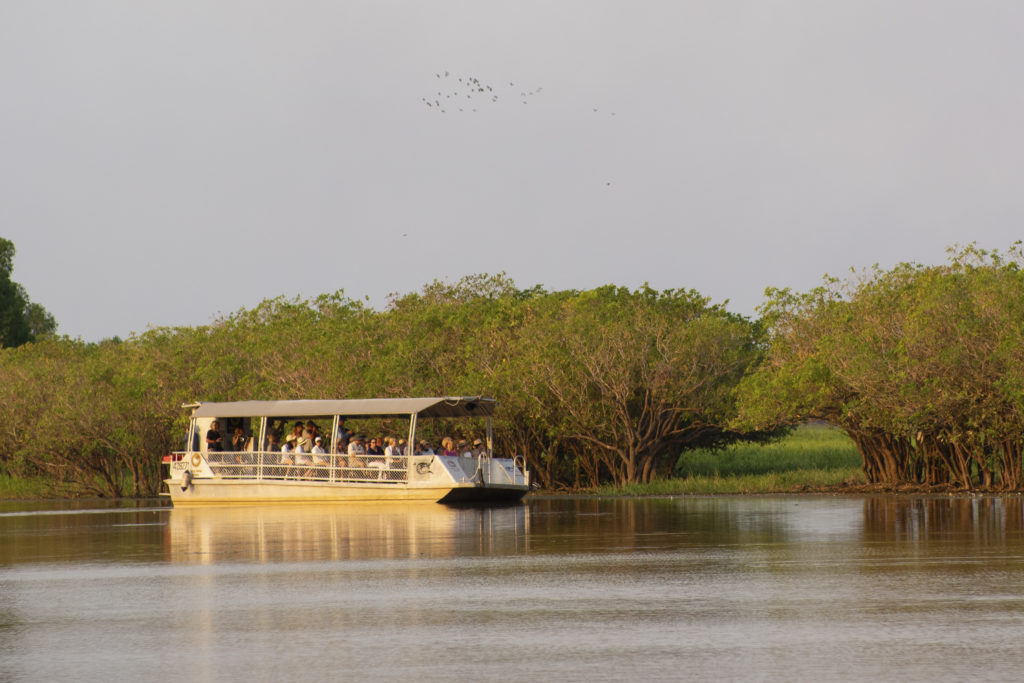 Yellow water cruise boat on the South Alligator River just before sunset.