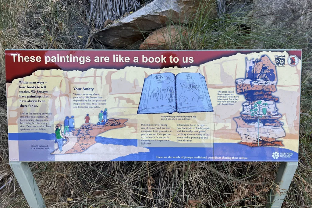 Interpretive sign explaining the purpose and importance of Aboriginal rock art in Nitmiluk National Park.