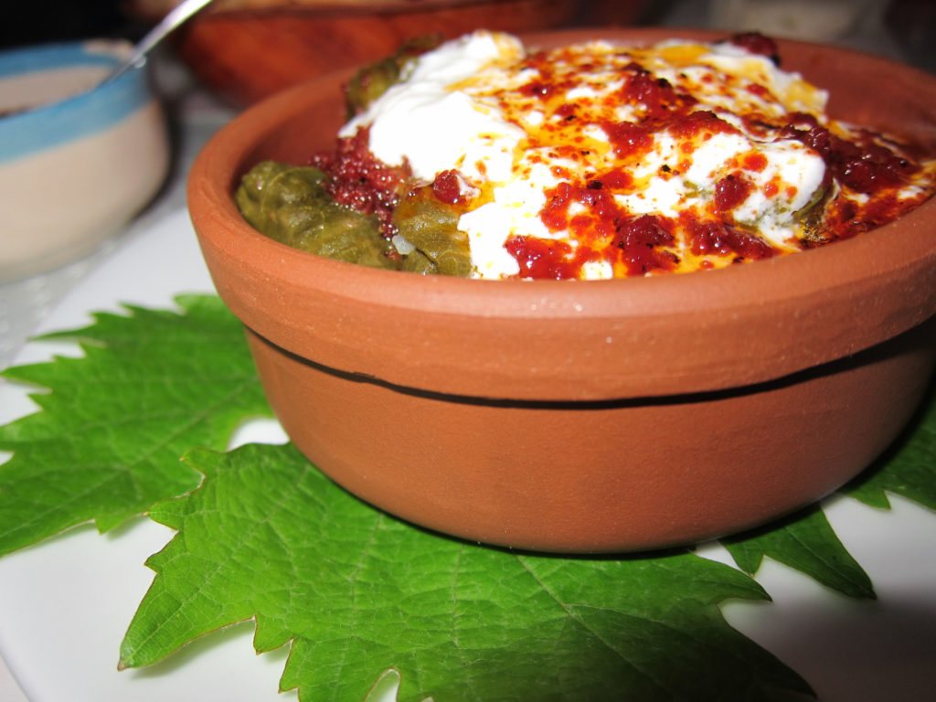Sarma with yougurt and tomato sauce, a yummy vegetarian dish.
