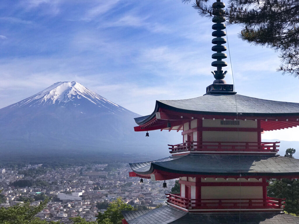 An iconic shot of Mt. Fuji and the Chureito Pagoda.