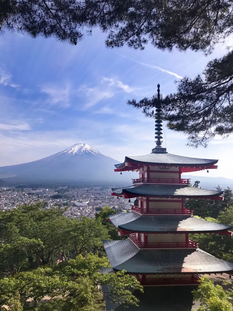 A gorgeous view of the Chureito Pagoda and Mt. Fuji on a clear day.