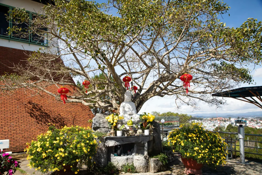 A beautiful view and decorated offering at the Dalat Cable Car.