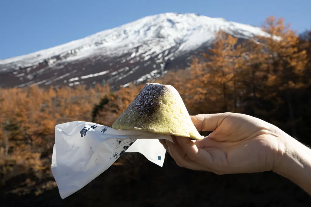 Fuji cake with the mountain in the background.