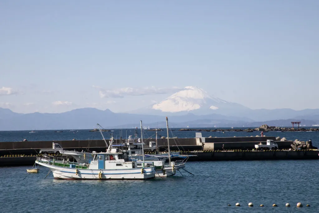 Fishing boats and Mt. Fuji greet the morning on the Izu Peninsula.