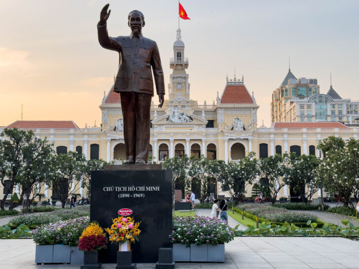 Statue of Ho Chi Minh in from of the HCMC Town Hall, two places to stop on your Ho Chi Minh tour.