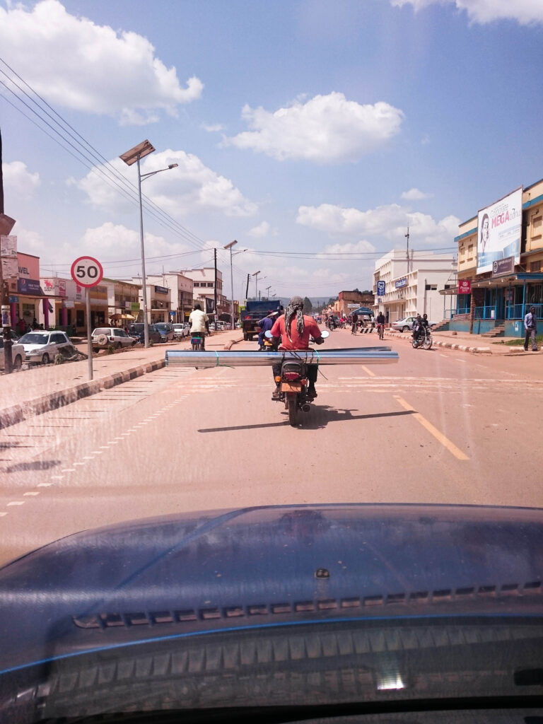 Road hazards are watching out for whatever is on the roads while you are driving through Uganda, like this motorbike with metal sticking out.