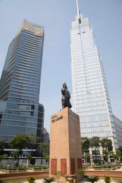 A city view which includes the state of Tran Hung Dao, a Vietnamese hero.