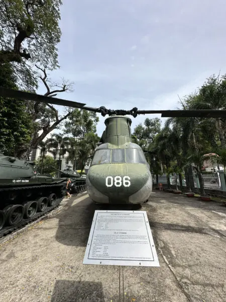 A Huey helicopter used during the Vietnam war on static display at the War Remnants Museum.