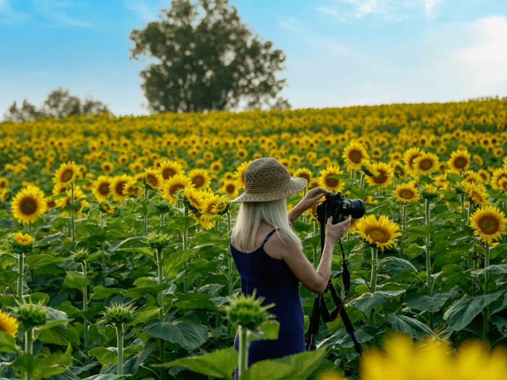 Sage of Alpha-Gal behind the scenes, shooting in a sunflower field.