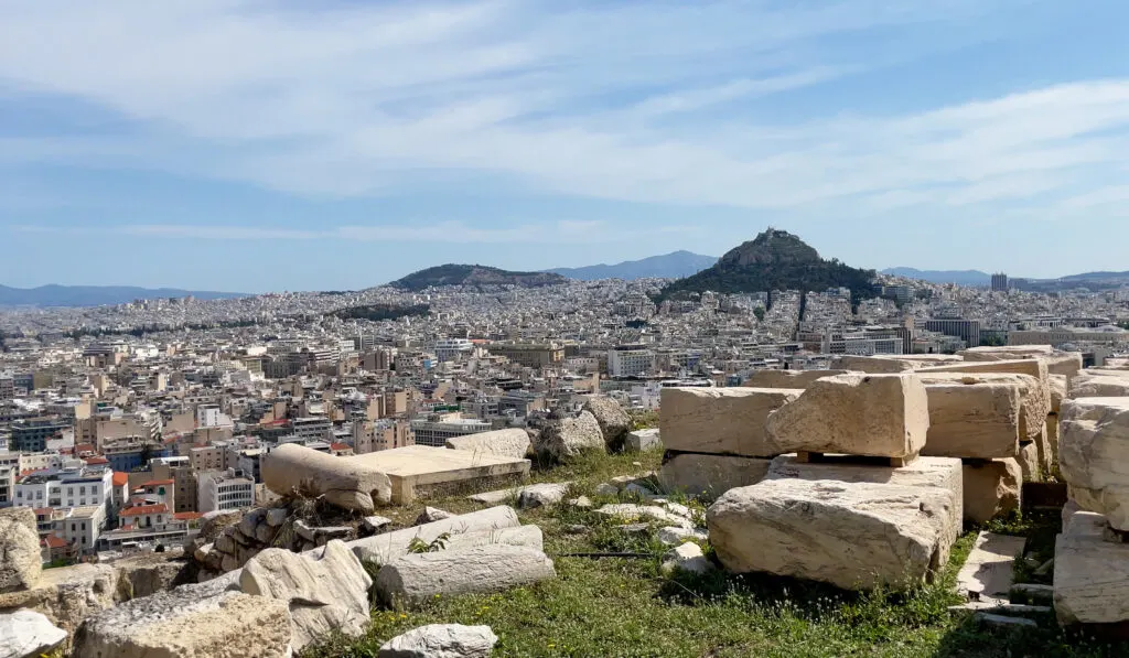 View of Athens and Mount Lycabettus from the top of the Acropolis.