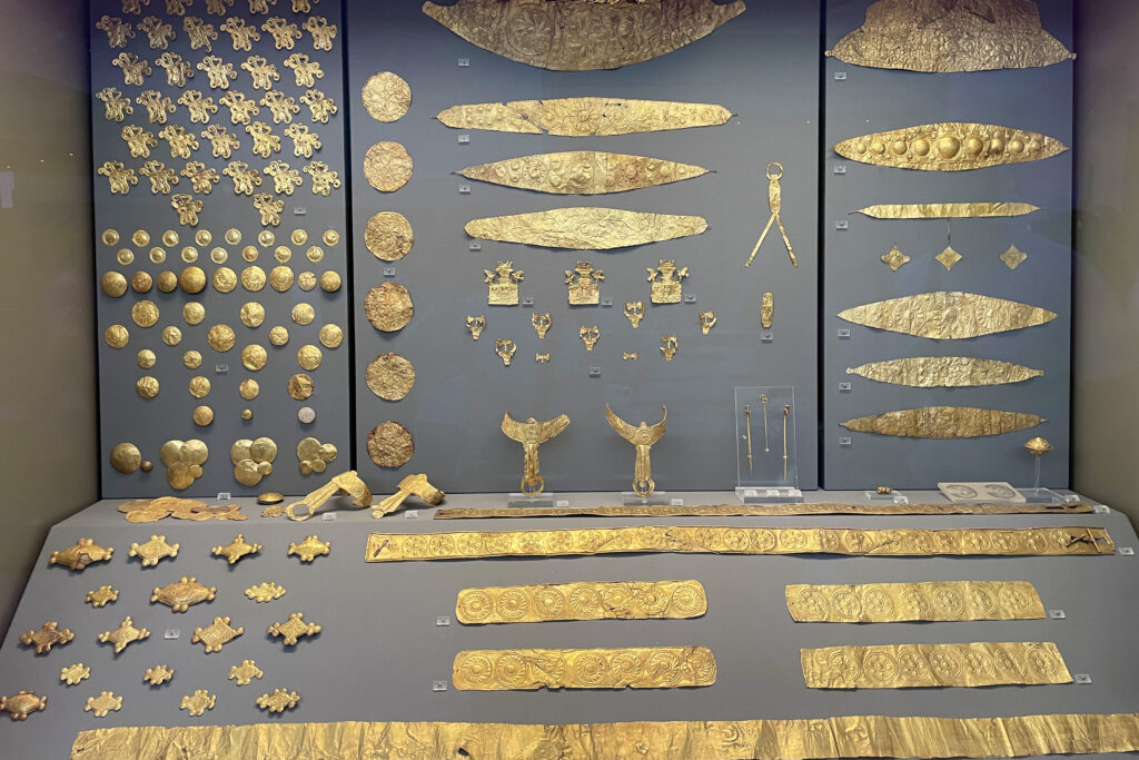 Dozens of gold artifacts found in 16th Century BC Mycenae graves on display at the National Archaeological Museum in Athens.