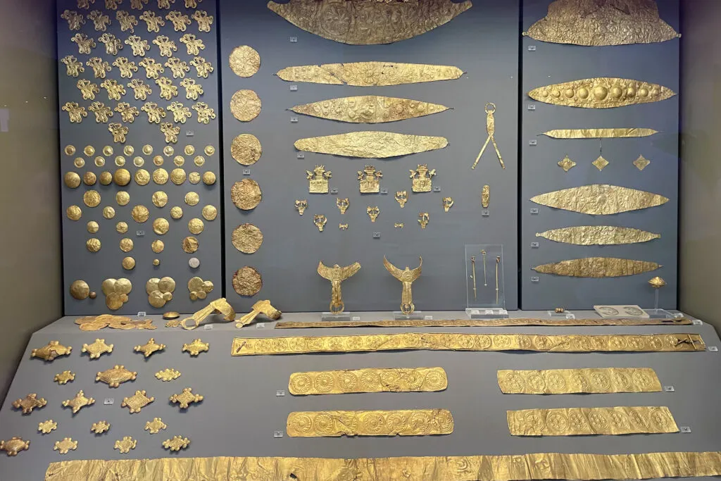 Dozens of gold artifacts found in 16th Century BC Mycenae graves on display at the National Archaeological Museum in Athens.