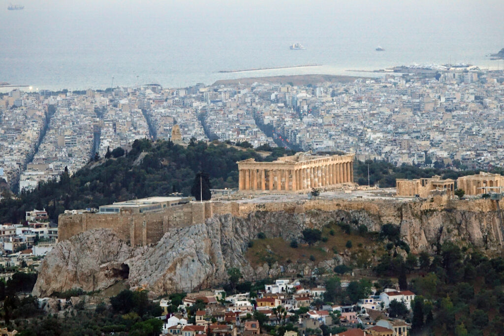 View of the Acropolis and Parthenon from Lycabettus Hill, the highest point in Athens.
