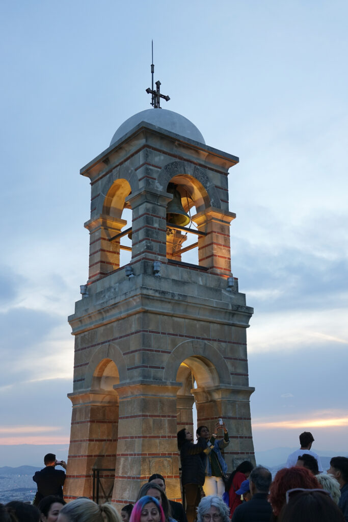 Bell Tower at Saint Georges Church on the top of Lycabettus Hill in Athens.